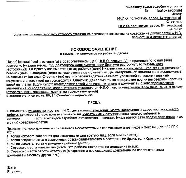 Исковое заявление о взыскании алиментов и о выдаче судебного приказа — образцы 2019