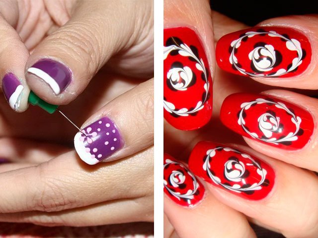 Как сделать узоры на ногтях иголкой гель-лаком при помощи сухой и мокрой техники рисования